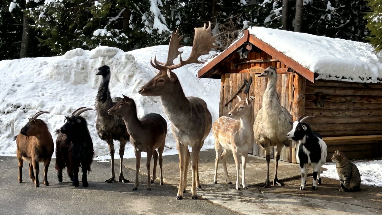 Daims, émeus et chèvres dans la neige au domaine de Wild Heaven, à Ravoire